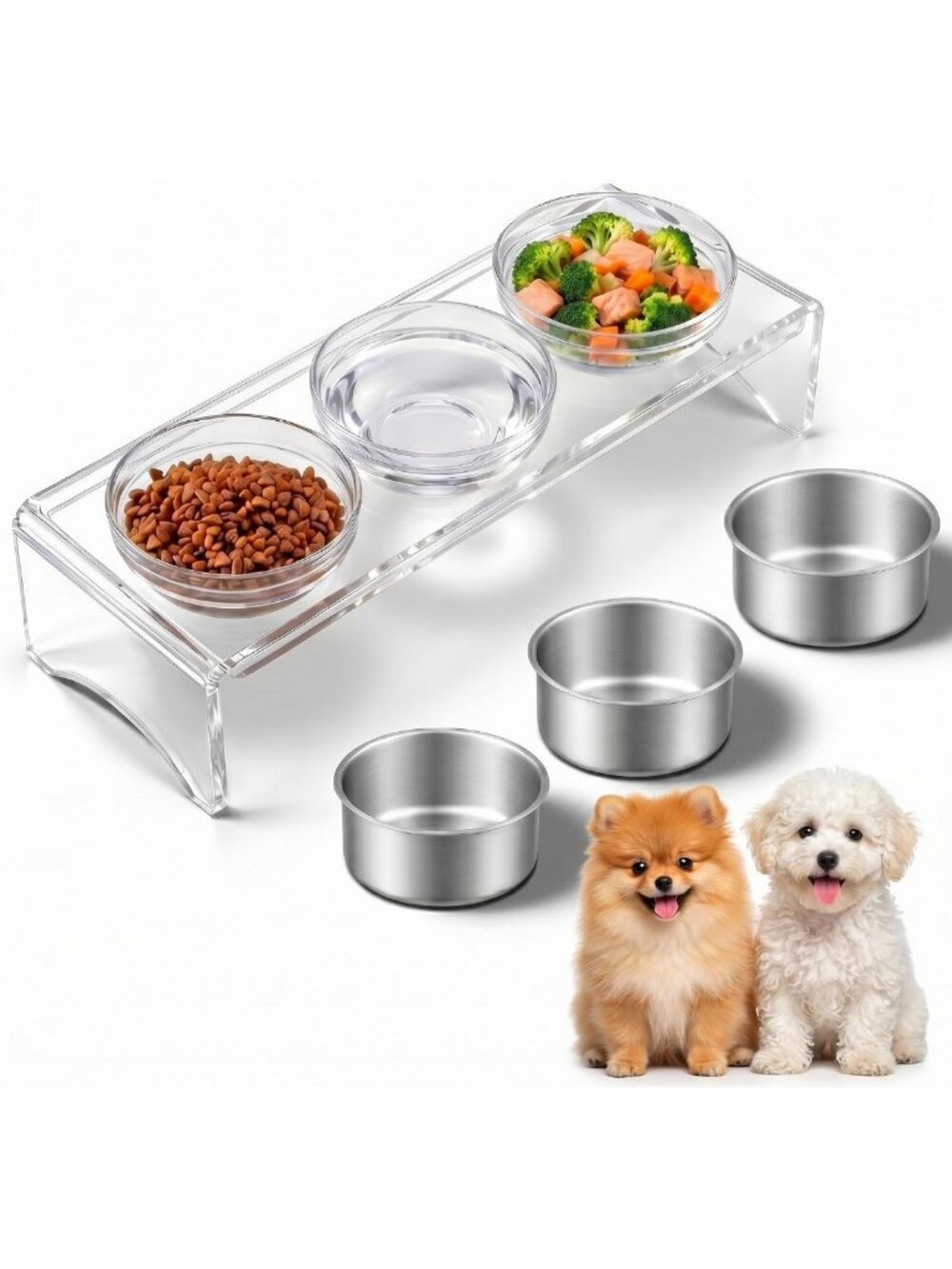 Raised Dog & Cat Bowl Stand - 3.75" Tall, Non-Slip, Easy Clean, 6 Bowls Included